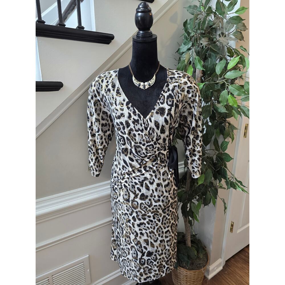 Designed by LM Shift Dress M Ivory Black Leopard Tie Wrap V-Neck Raglan Sleeve